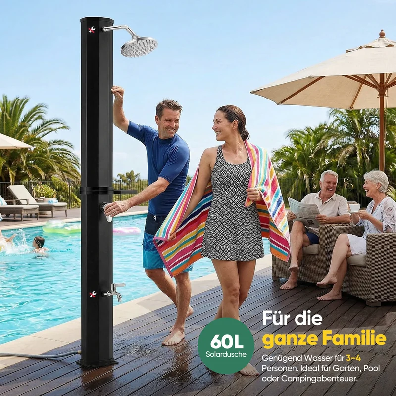 Sekey Gartendusche, Solardusche 40L / 60L Gartendusche mit Regenduschkopf & Fußdusche – bis 60°C, ohne Strom für Garten, Pool & Camping