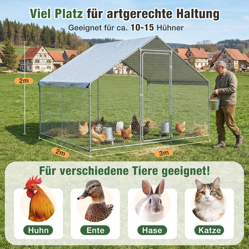 Sekey XXL Hühnerstall 2x3x2m winterfest & begehbar – Freilaufgehege für 4–15 Hühner, feuerverzinkte Voliere mit UV-Dach, fuchs- & mardersicher