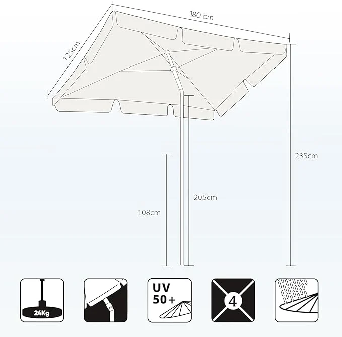 Sekey Rechteckiger Balkon-Sonnenschirm 200x125 cm – UPF50+, 4 Farben (Apfelgrün, Weiß, Dunkelgrau, Beige) + Schutzhülle