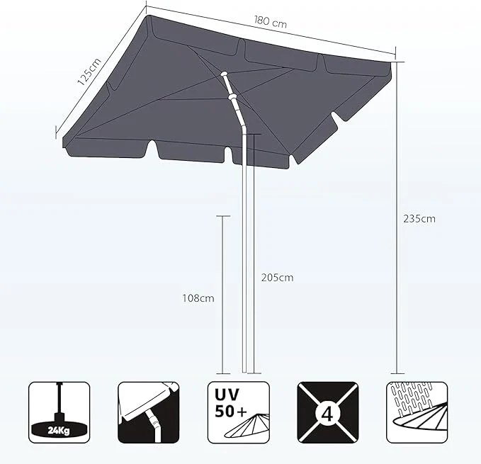 Sekey Rechteckiger Balkon-Sonnenschirm 200x125 cm – UPF50+, 4 Farben (Apfelgrün, Weiß, Dunkelgrau, Beige) + Schutzhülle