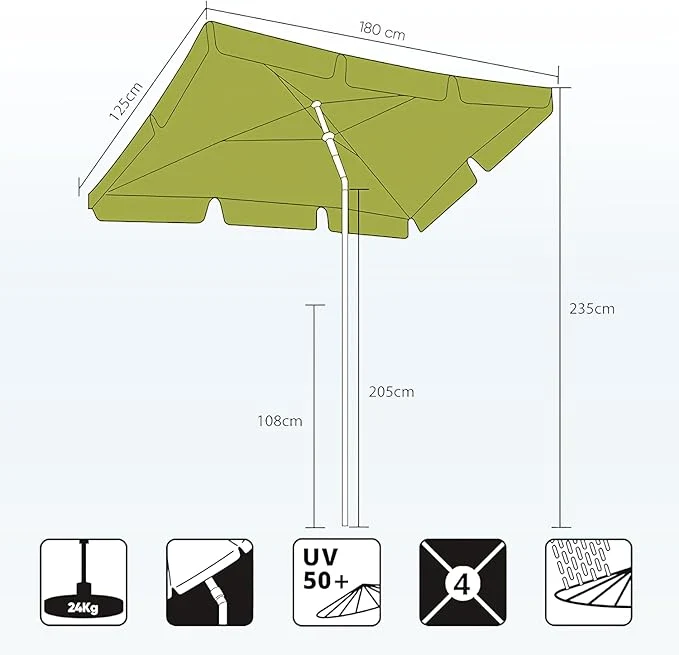 Sekey Rechteckiger Balkon-Sonnenschirm 200x125 cm – UPF50+, 4 Farben (Apfelgrün, Weiß, Dunkelgrau, Beige) + Schutzhülle