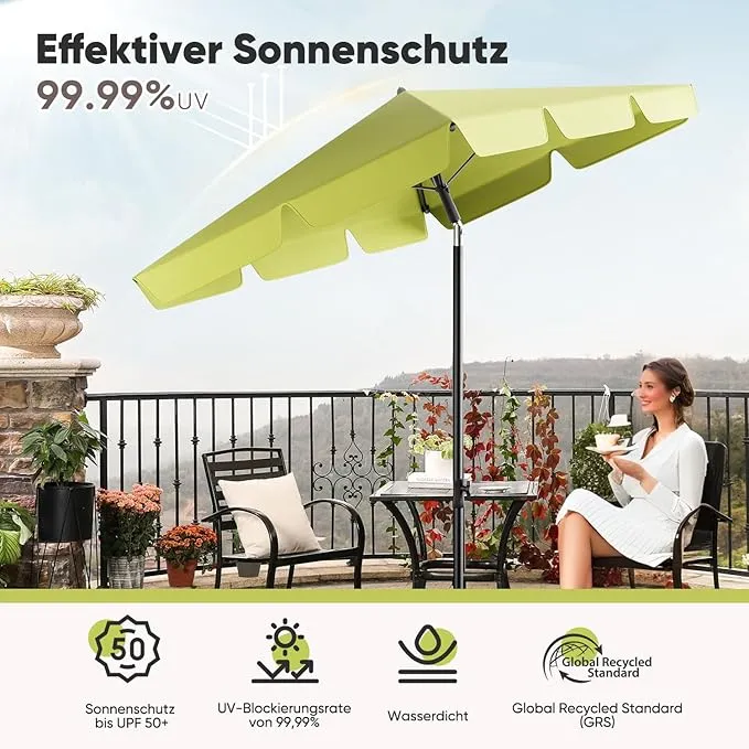 Sekey Rechteckiger Balkon-Sonnenschirm 200x125 cm – UPF50+, 4 Farben (Apfelgrün, Weiß, Dunkelgrau, Beige) + Schutzhülle