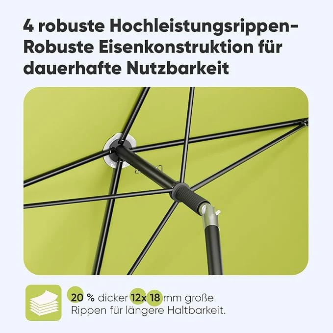 Sekey Rechteckiger Balkon-Sonnenschirm 200x125 cm – UPF50+, 4 Farben (Apfelgrün, Weiß, Dunkelgrau, Beige) + Schutzhülle