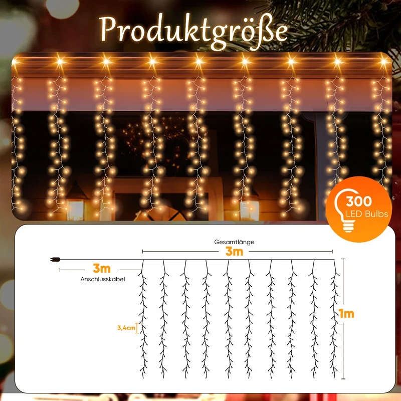 Salcar LED-Lichtervorhang 300er Eisregen 3x1 m, 8 Modi & Timer, Warmweiß, IP44, Innen- & Außenbeleuchtung für Weihnachten & Party