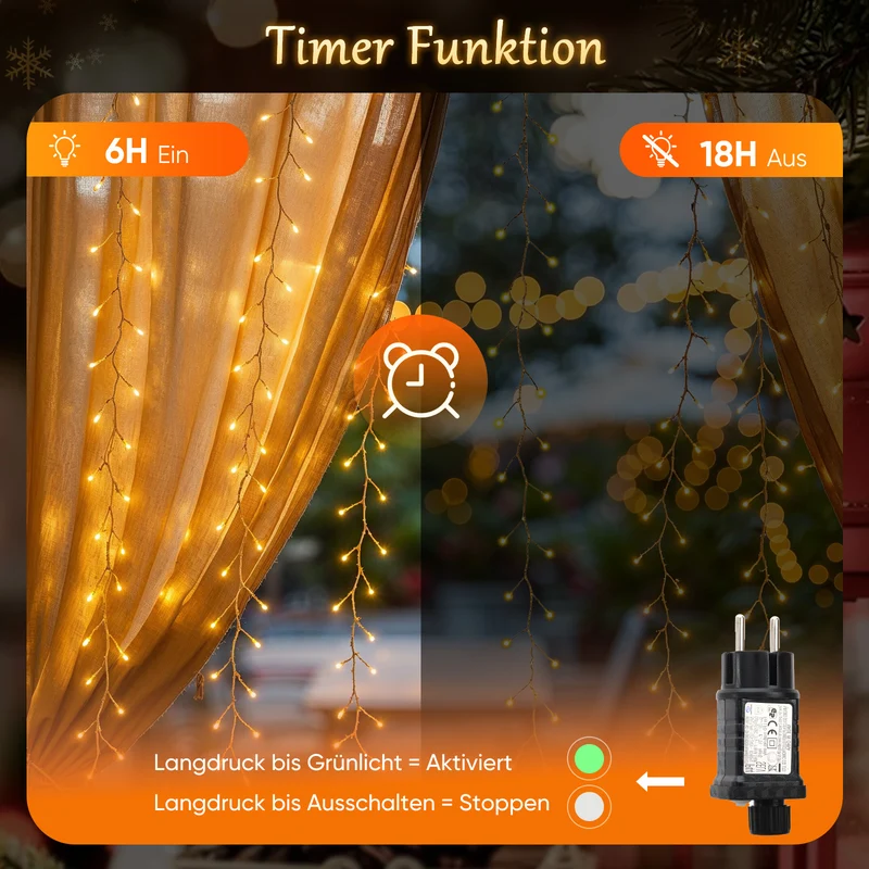 Salcar LED-Lichtervorhang 300er Eisregen 3x1 m, 8 Modi & Timer, Warmweiß, IP44, Innen- & Außenbeleuchtung für Weihnachten & Party
