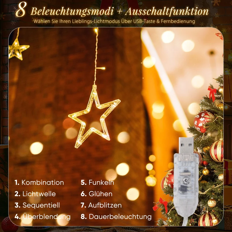 Salcar LED Sterne Lichtervorhang 1m x 1m mit 69 LEDs & 6 Sternen – Warmweiß, 8 Modi, USB, Weihnachts- & Partydeko