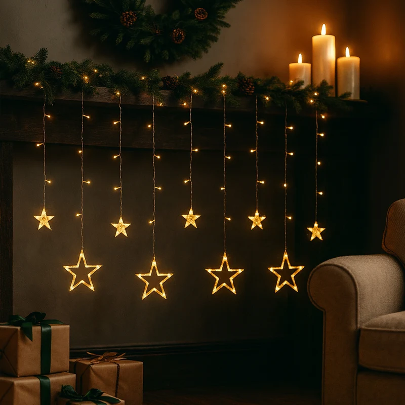 Salcar LED Sterne Lichtervorhang 1m x 1m mit 69 LEDs & 6 Sternen – Warmweiß, 8 Modi, USB, Weihnachts- & Partydeko