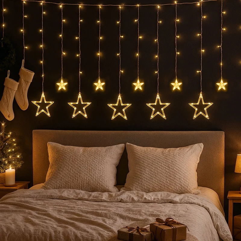 Salcar LED Sterne Lichtervorhang 1m x 1m mit 69 LEDs & 6 Sternen – Warmweiß, 8 Modi, USB, Weihnachts- & Partydeko