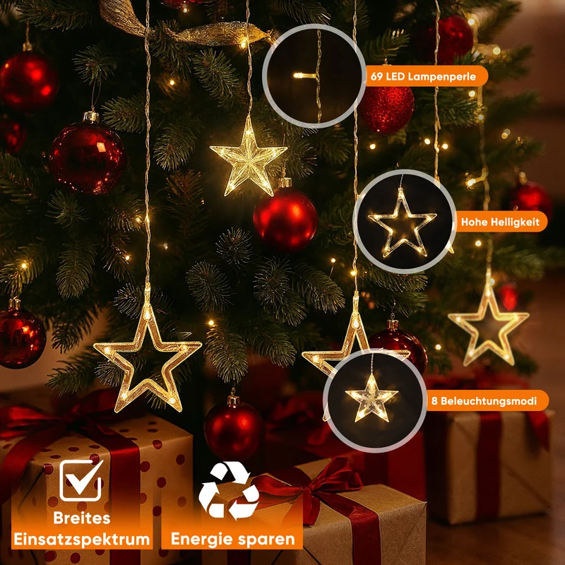 Salcar LED Sterne Lichtervorhang 1m x 1m mit 69 LEDs & 6 Sternen – Warmweiß, 8 Modi, USB, Weihnachts- & Partydeko