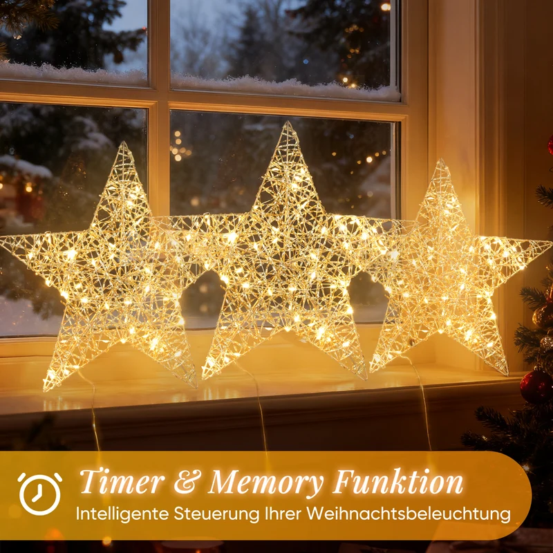 Salcar LED Stern Dekoleuchte Ø30 cm, Gold mit 80 LEDs, Batteriebetrieben, Timer & 8 Modi – Warmweiße Fenster- & Weihnachtsdeko