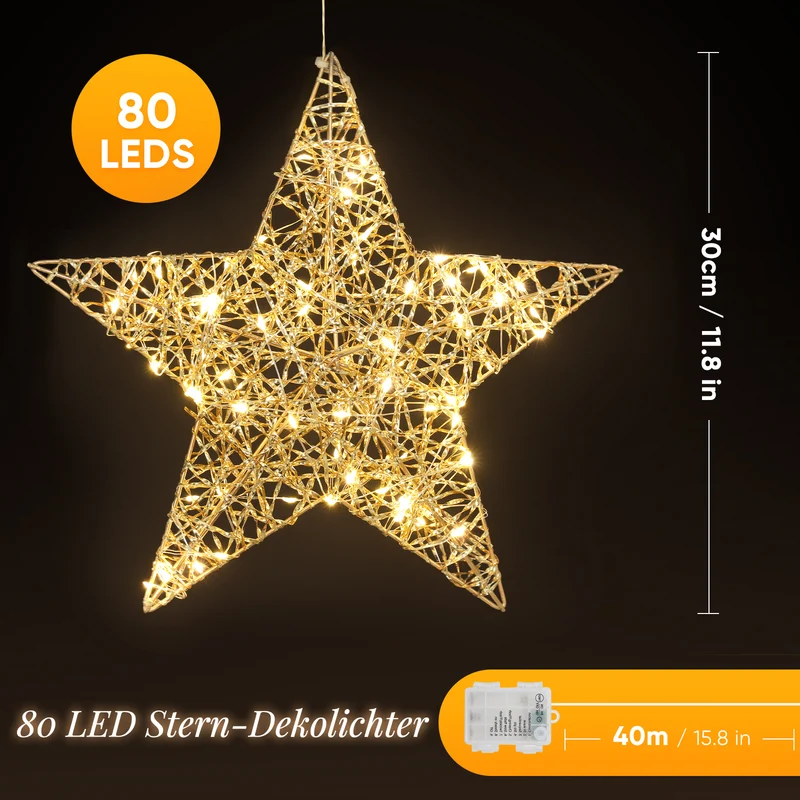 Salcar LED Stern Dekoleuchte Ø30 cm, Gold mit 80 LEDs, Batteriebetrieben, Timer & 8 Modi – Warmweiße Fenster- & Weihnachtsdeko