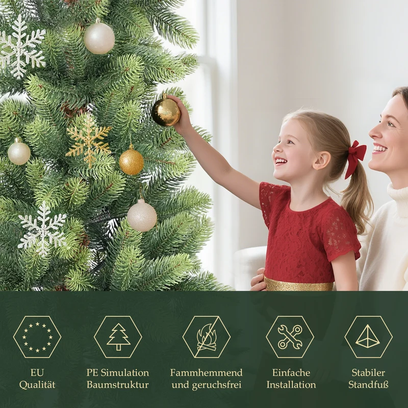 Salcar Schmaler Künstlicher Weihnachtsbaum 120/150/180/210 cm | Slim Nordmanntanne aus PE, Platzsparend, Realistisch, Wiederverwendbar, Mit Metallständer