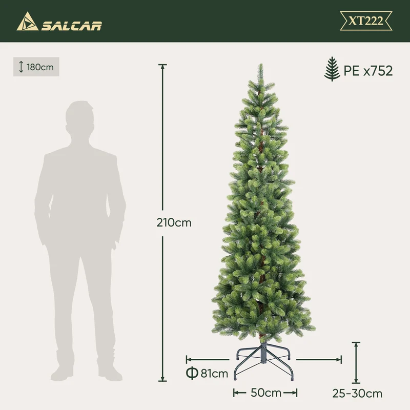 Salcar Schmaler Künstlicher Weihnachtsbaum 120/150/180/210 cm | Slim Nordmanntanne aus PE, Platzsparend, Realistisch, Wiederverwendbar, Mit Metallständer