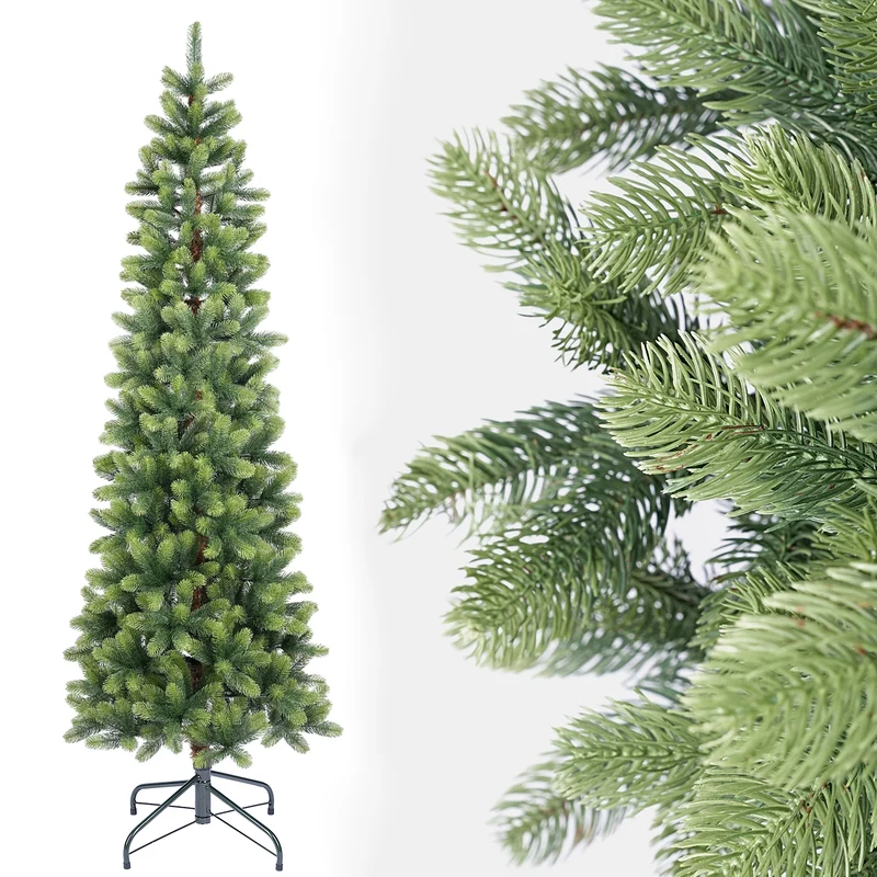 Salcar Schmaler Künstlicher Weihnachtsbaum 120/150/180/210 cm | Slim Nordmanntanne aus PE, Platzsparend, Realistisch, Wiederverwendbar, Mit Metallständer