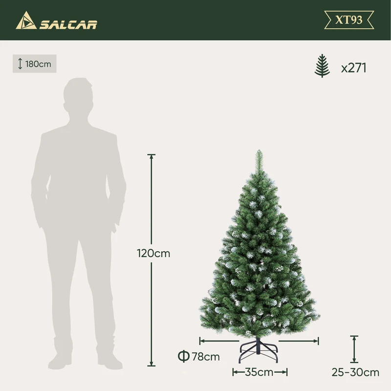 Salcar Künstlicher Weihnachtsbaum mit Schnee – 120/150/180/210 cm Christbaum, täuschend echt, mit Metallständer, PVC Tannenbaum für Innen & Außen