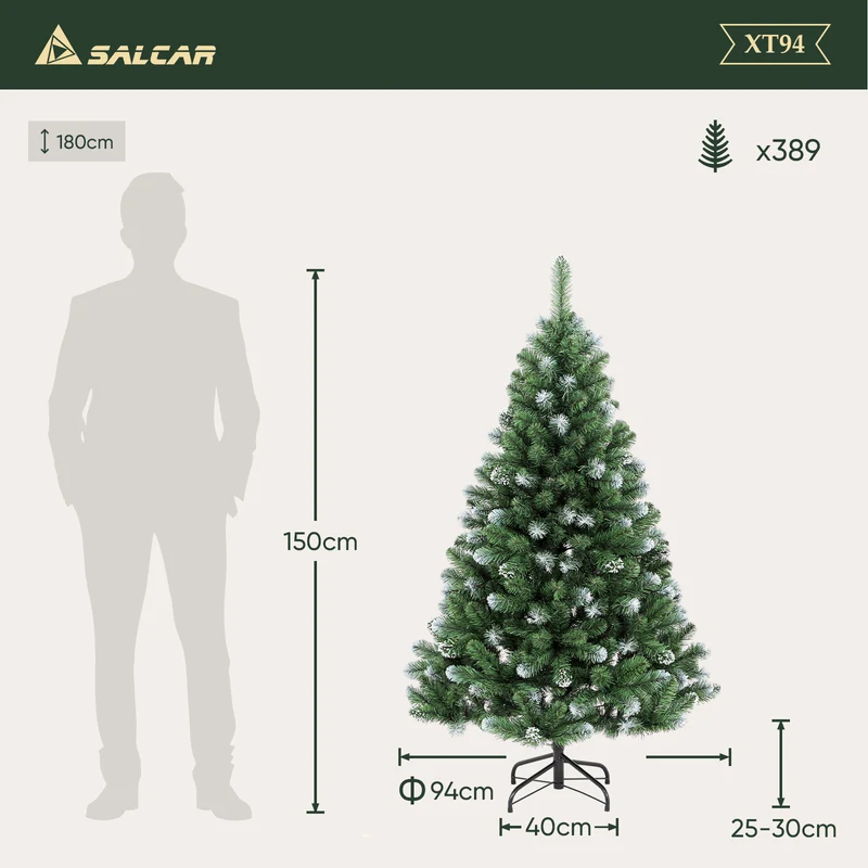 Salcar Künstlicher Weihnachtsbaum mit Schnee – 120/150/180/210 cm Christbaum, täuschend echt, mit Metallständer, PVC Tannenbaum für Innen & Außen