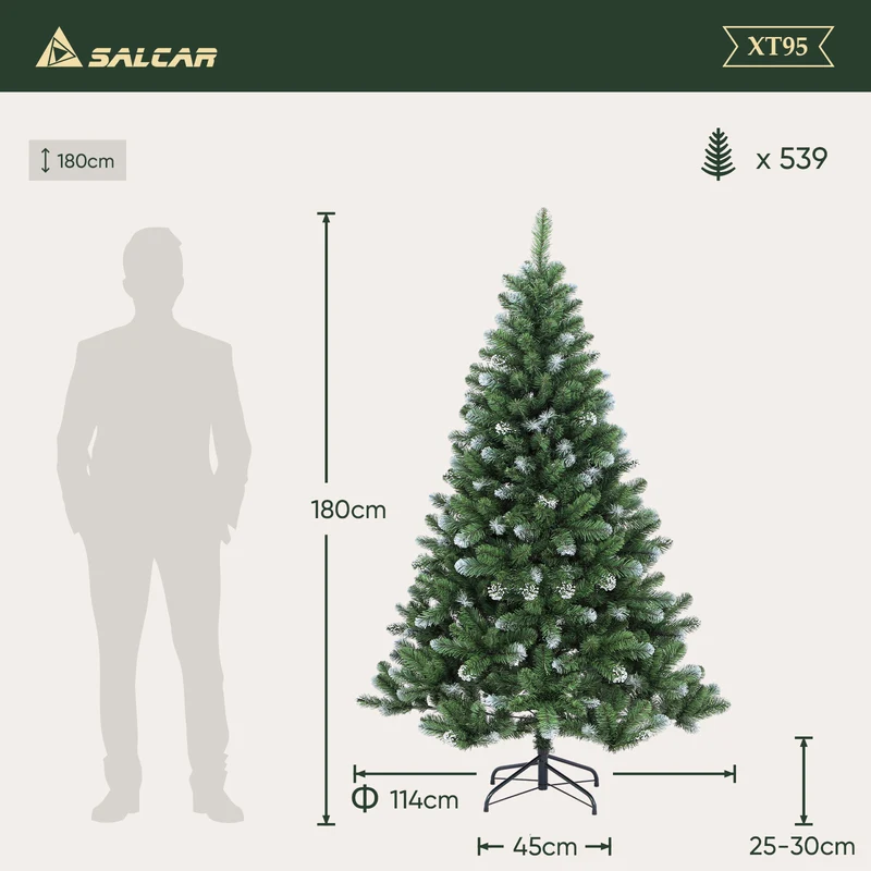 Salcar Künstlicher Weihnachtsbaum mit Schnee – 120/150/180/210 cm Christbaum, täuschend echt, mit Metallständer, PVC Tannenbaum für Innen & Außen