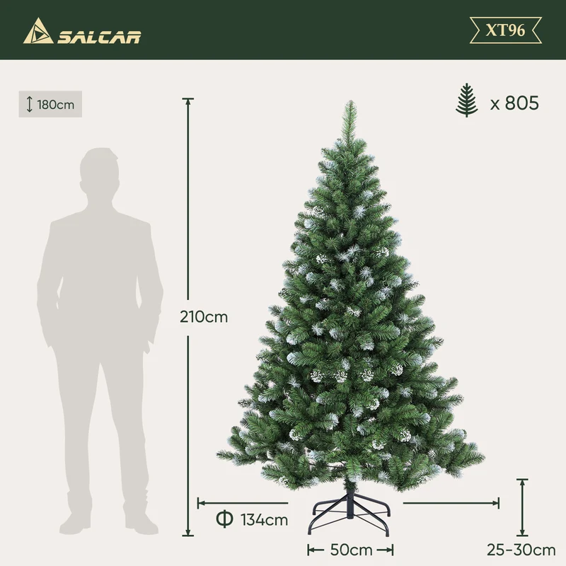 Salcar Künstlicher Weihnachtsbaum mit Schnee – 120/150/180/210 cm Christbaum, täuschend echt, mit Metallständer, PVC Tannenbaum für Innen & Außen