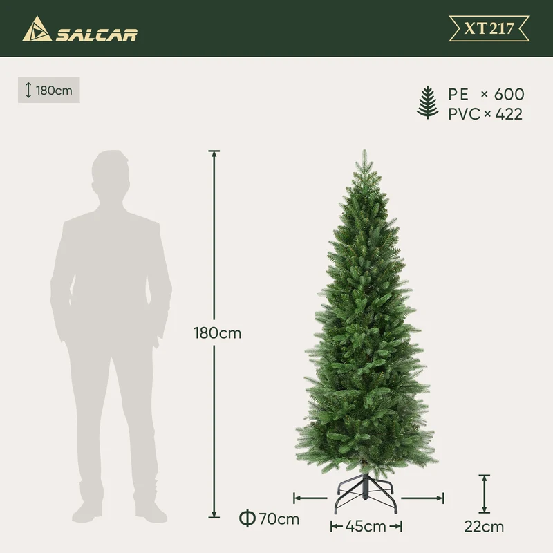 Salcar Künstlicher Weihnachtsbaum Slim – Schmaler Tannenbaum in Pencil-Form, realistische Nadeln aus PE & PVC, platzsparend & langlebig