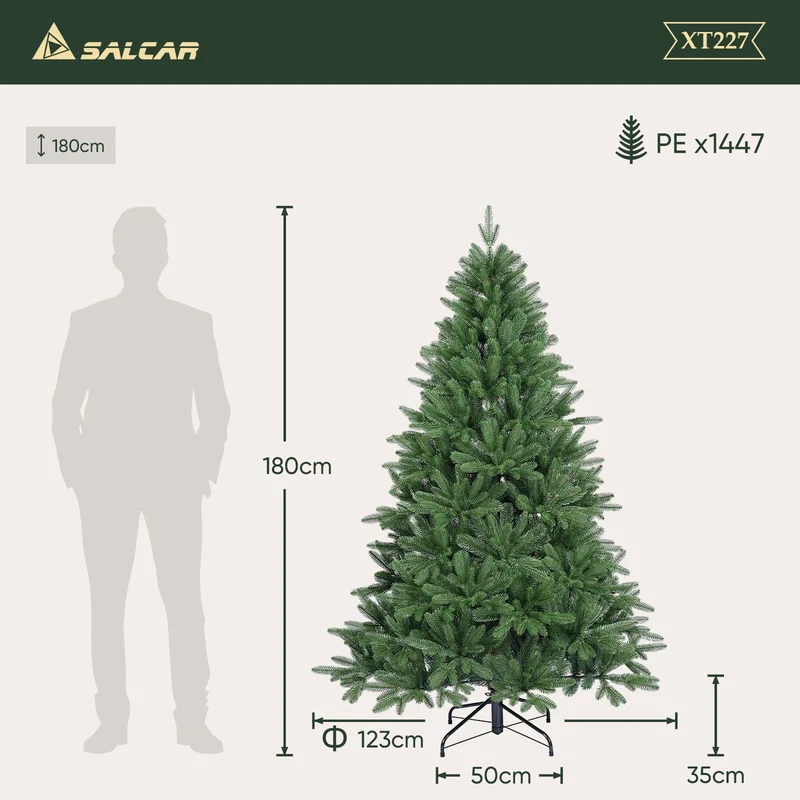 Salcar Premium Künstlicher Weihnachtsbaum 150cm/180cm/210cm – Nordmanntanne aus 100 % PE, naturgrün, form- & farbstabil, geruchlos, nadelfrei