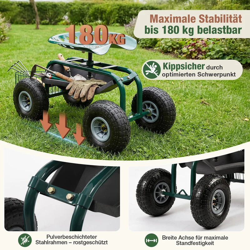 Sekey Gartenrollsitz mit Griff – Fahrbarer Gartensitz bis 180 kg, 360° drehbar, luftbereift Ø 25,5 cm mit Korb