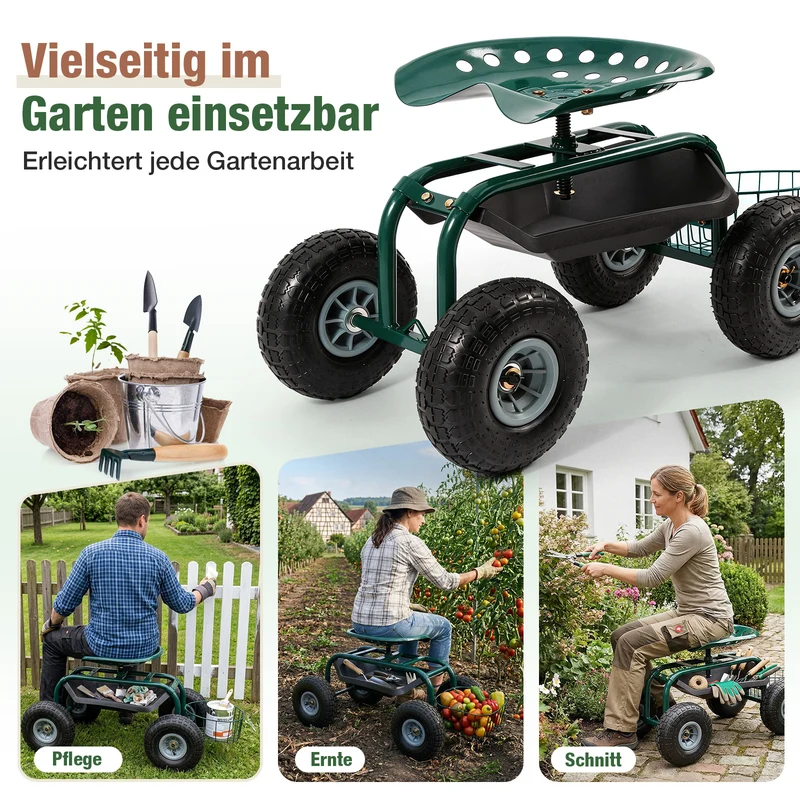 Sekey Gartenrollsitz mit Griff – Fahrbarer Gartensitz bis 180 kg, 360° drehbar, luftbereift Ø 25,5 cm mit Korb