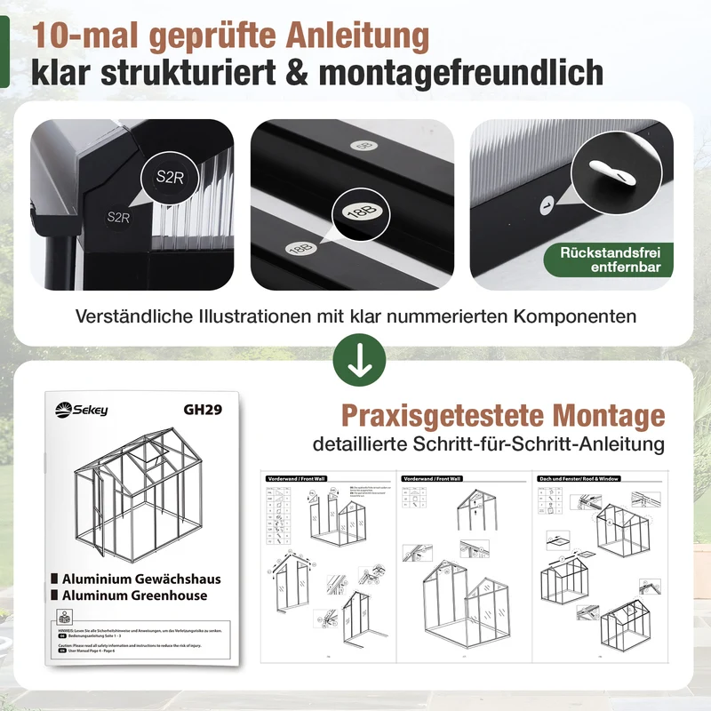 Sekey Aluminium-Gewächshaus 185x185x195 cm – Wetterfestes & winterfestes Tomatenhaus mit 6 mm Hohlkammerplatten und nach außen öffnender Tür