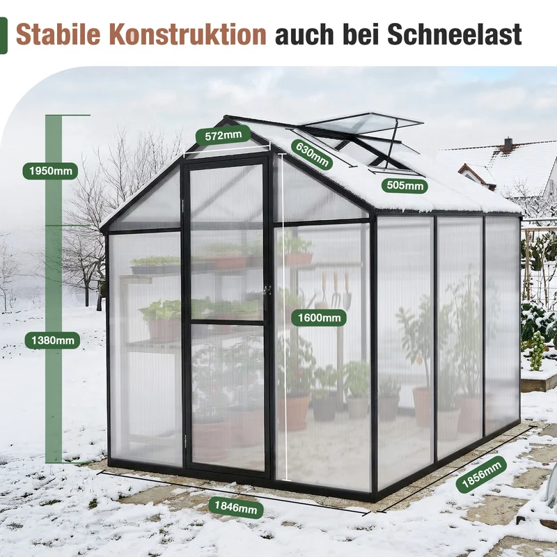 Sekey Aluminium-Gewächshaus 185x185x195 cm – Wetterfestes & winterfestes Tomatenhaus mit 6 mm Hohlkammerplatten und nach außen öffnender Tür