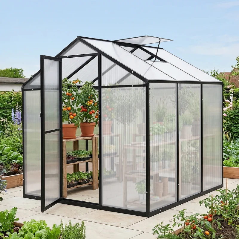 Sekey Aluminium-Gewächshaus 185x185x195 cm – Wetterfestes & winterfestes Tomatenhaus mit 6 mm Hohlkammerplatten und nach außen öffnender Tür