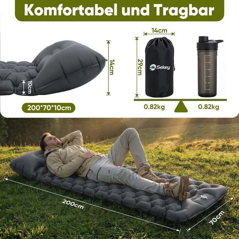 Sekey Selbstaufblasbare Isomatte 200×70×10 cm – Ultraleicht, Komfortabel & Grau für Camping, Trekking & Outdoor