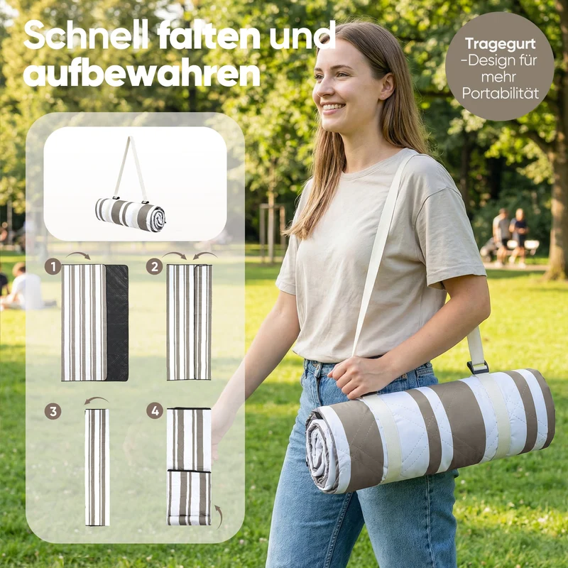 Sekey Picknickdecke Wasserdicht – Sandfreie Stranddecke mit klassischem Streifenmuster in Braun-Weiß, In Beige/Weiß gestreift, PEVA-Unterseite & Tragegurt für Picknick, Camping und Strand