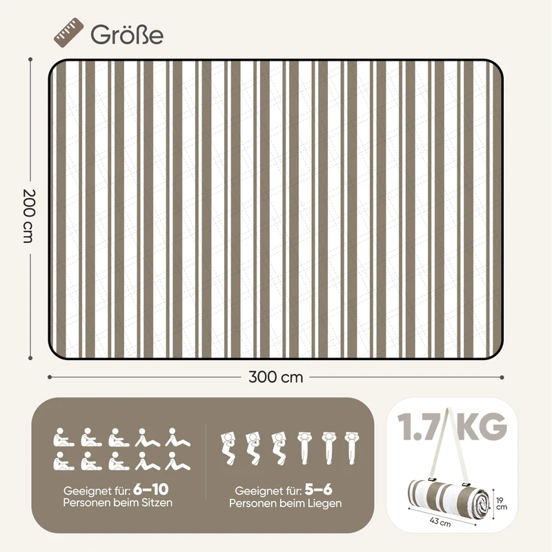 Sekey Picknickdecke Wasserdicht – Sandfreie Stranddecke mit klassischem Streifenmuster in Braun-Weiß, In Beige/Weiß gestreift, PEVA-Unterseite & Tragegurt für Picknick, Camping und Strand