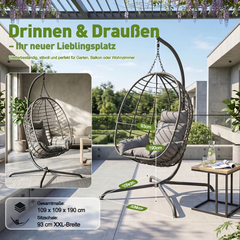 Sekey Hängesessel mit Gestell – Klappbarer Hängekorb aus PE-Rattan, Hängestuhl mit Sitz- & Kopfkissen, bis 150 kg belastbar, für Garten, Balkon, Terrasse & Wohnzimmer
