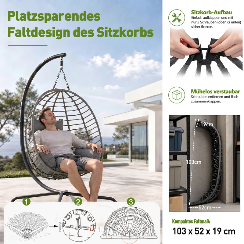 Sekey Hängesessel mit Gestell – Klappbarer Hängekorb aus PE-Rattan, Hängestuhl mit Sitz- & Kopfkissen, bis 150 kg belastbar, für Garten, Balkon, Terrasse & Wohnzimmer