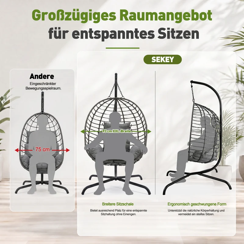 Sekey Hängesessel mit Gestell – Klappbarer Hängekorb aus PE-Rattan, Hängestuhl mit Sitz- & Kopfkissen, bis 150 kg belastbar, für Garten, Balkon, Terrasse & Wohnzimmer