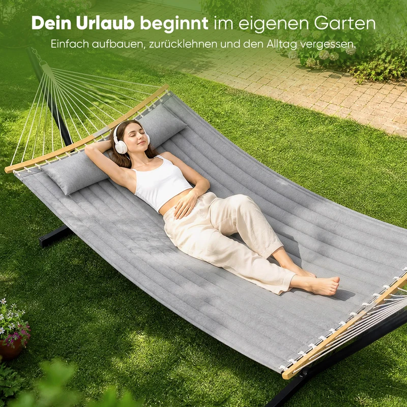 Sekey XXL Doppelhängematte mit Kissen – Gepolsterte Hängematte für 2 Personen, bis 200 kg belastbar, mit Bambus-Spreizstäben und Tragetasche für Garten, Balkon & Camping