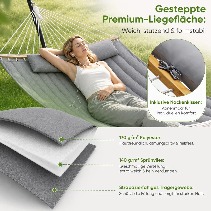 Sekey XXL Doppelhängematte mit Kissen – Gepolsterte Hängematte für 2 Personen, bis 200 kg belastbar, mit Bambus-Spreizstäben und Tragetasche für Garten, Balkon & Camping