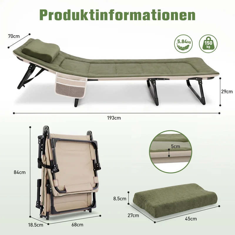 Sekey Faltbett klappbar mit Matratze & Kissen 193x70 cm – verstellbares Campingbett mit 6-fach Rückenlehne, bis 150 kg belastbar, Gästebett für Camping, Garten & Zuhause