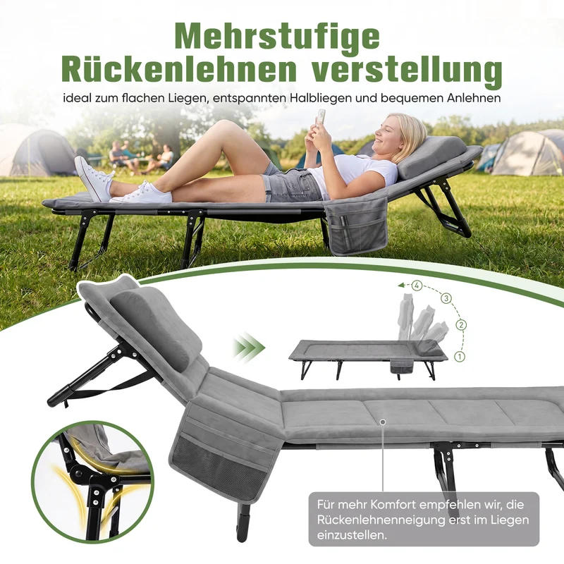 Sekey Faltbett klappbar mit Matratze & Kissen 193x70 cm – verstellbares Campingbett mit 6-fach Rückenlehne, bis 150 kg belastbar, Gästebett für Camping, Garten & Zuhause