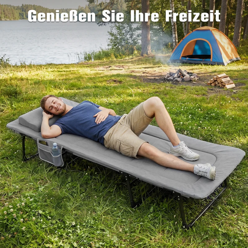 Sekey Faltbett klappbar mit Matratze & Kissen 193x70 cm – verstellbares Campingbett mit 6-fach Rückenlehne, bis 150 kg belastbar, Gästebett für Camping, Garten & Zuhause