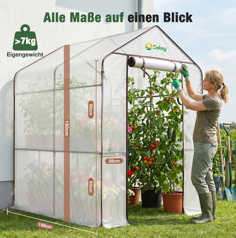 Sekey begehbares Gewächshaus 190x186x120cm mit DIY-Regal – stabiles Foliengewächshaus winterfest mit UV-beständiger Gitterfolie, Tomatenhaus für Garten, Gemüse & Kräuter, werkzeuglose Montage