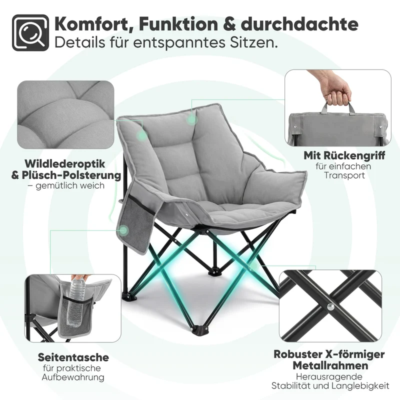 Sekey Campingstuhl faltbar Moonchair gepolstert – breiter Klappstuhl mit hoher Rückenlehne, bis 140 kg belastbar, Outdoor & Indoor, für Garten, Balkon, Terrasse, Grau