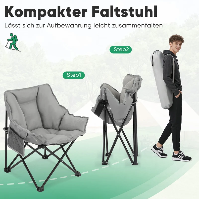 Sekey Campingstuhl faltbar Moonchair gepolstert – breiter Klappstuhl mit hoher Rückenlehne, bis 140 kg belastbar, Outdoor & Indoor, für Garten, Balkon, Terrasse, Grau