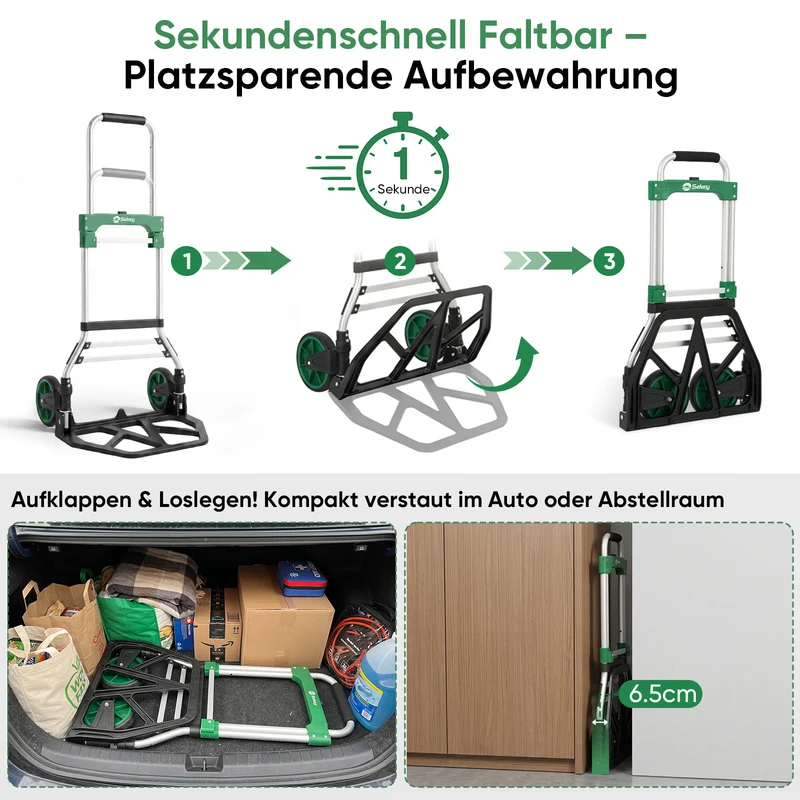 Sekey klappbare Sackkarre 150 kg – Schwerlast Transportkarre aus 1,5 mm verstärktem Aluminium, XL Ladefläche 49×35 cm, Profi Alukarre mit 17 cm Rädern & Teleskopgriff bis 107 cm