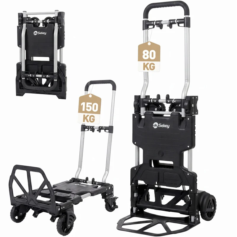 Sekey 2-in-1 Sackkarre & Plattformwagen klappbar – Aluminium Transportkarre bis 150 kg, faltbarer Transportwagen mit Bremse, TPR-Doppellagerrädern und höhenverstellbarem Griff