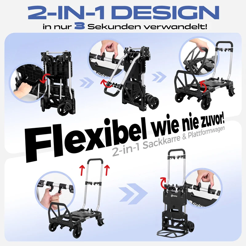 Sekey 2-in-1 Sackkarre & Plattformwagen klappbar – Aluminium Transportkarre bis 150 kg, faltbarer Transportwagen mit Bremse, TPR-Doppellagerrädern und höhenverstellbarem Griff