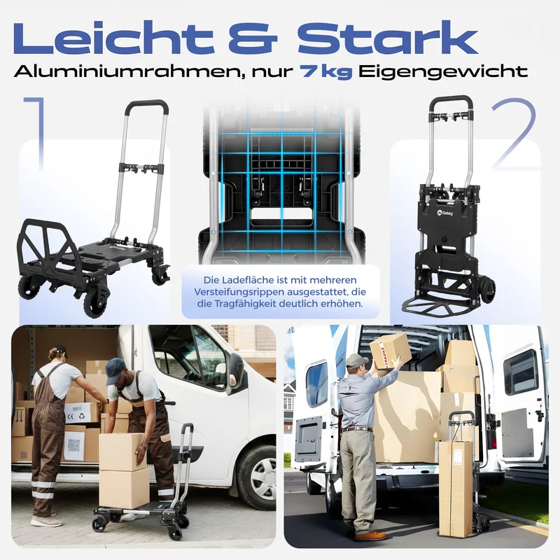 Sekey 2-in-1 Sackkarre & Plattformwagen klappbar – Aluminium Transportkarre bis 150 kg, faltbarer Transportwagen mit Bremse, TPR-Doppellagerrädern und höhenverstellbarem Griff