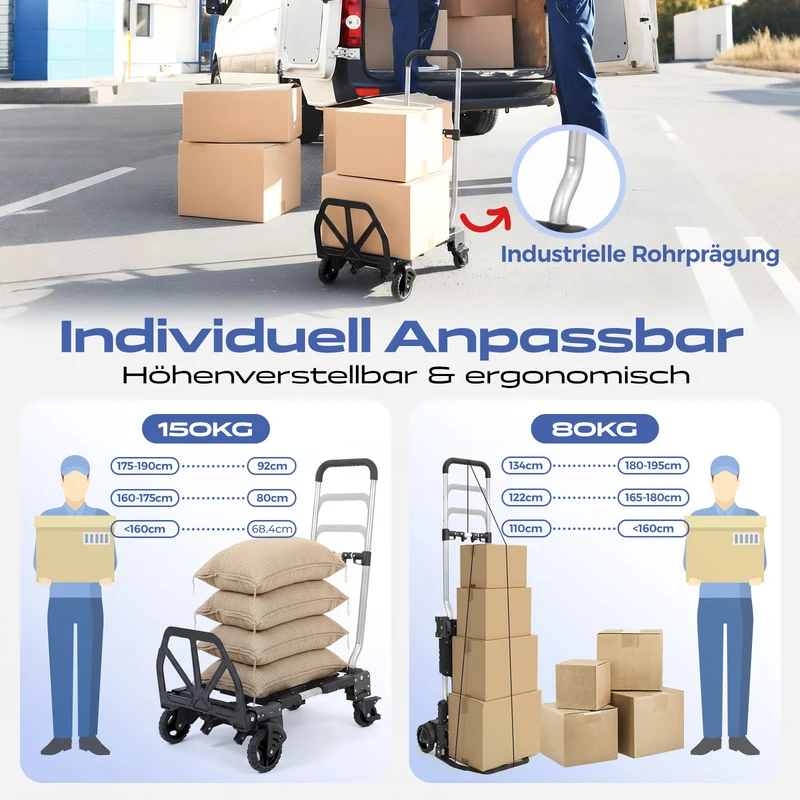 Sekey 2-in-1 Sackkarre & Plattformwagen klappbar – Aluminium Transportkarre bis 150 kg, faltbarer Transportwagen mit Bremse, TPR-Doppellagerrädern und höhenverstellbarem Griff