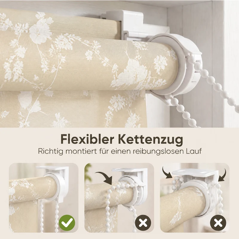 Sekey Klemmfix Rollo Beige mit weißen Blumen, lichtdurchlässiges Seitenzugrollo mit Sichtschutz, stufenlos verstellbar, ohne Bohren, Polyester Rollo für Fenster, verschiedene Größen