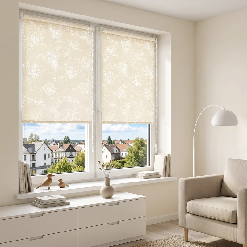 Sekey Klemmfix Rollo Beige mit weißen Blumen, lichtdurchlässiges Seitenzugrollo mit Sichtschutz, stufenlos verstellbar, ohne Bohren, Polyester Rollo für Fenster, verschiedene Größen